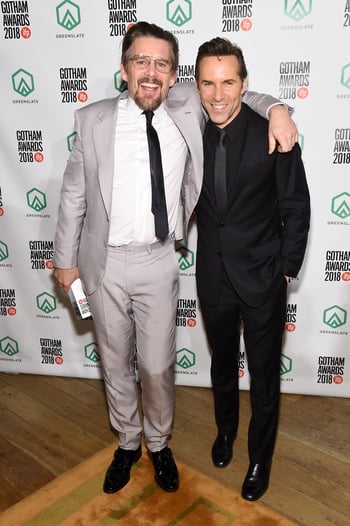 Ethan Hawke and Alessandro Nivola backstage in the GreenSlate Greenroom during the 28th Annual Gotham Awards at Cipriani, Wall Street on November 26, 2018 in New York City.