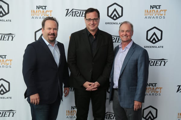 Producer Brent Montgomery (recipient of the 2018 Inspiration Award for Outstanding Achievement in Nonfiction), Host Bob Saget, and NPACT's John Ford