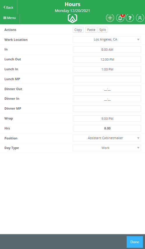 Mobile - Timecard InOut Times