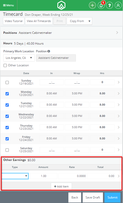 Mobile - Timecard Other Earnings
