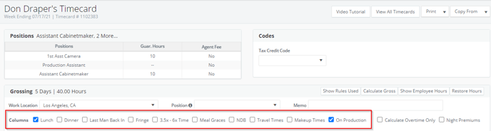 Timecard Create Submit Grossing - Timecard Column Options