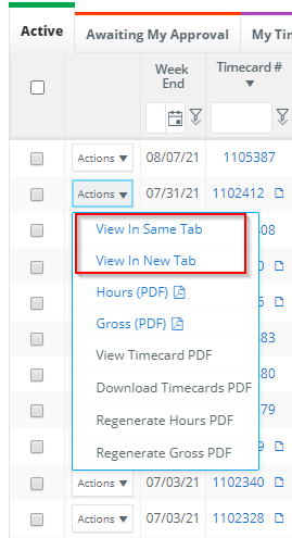 Timecard Hours Approve - Actions Menu View Option